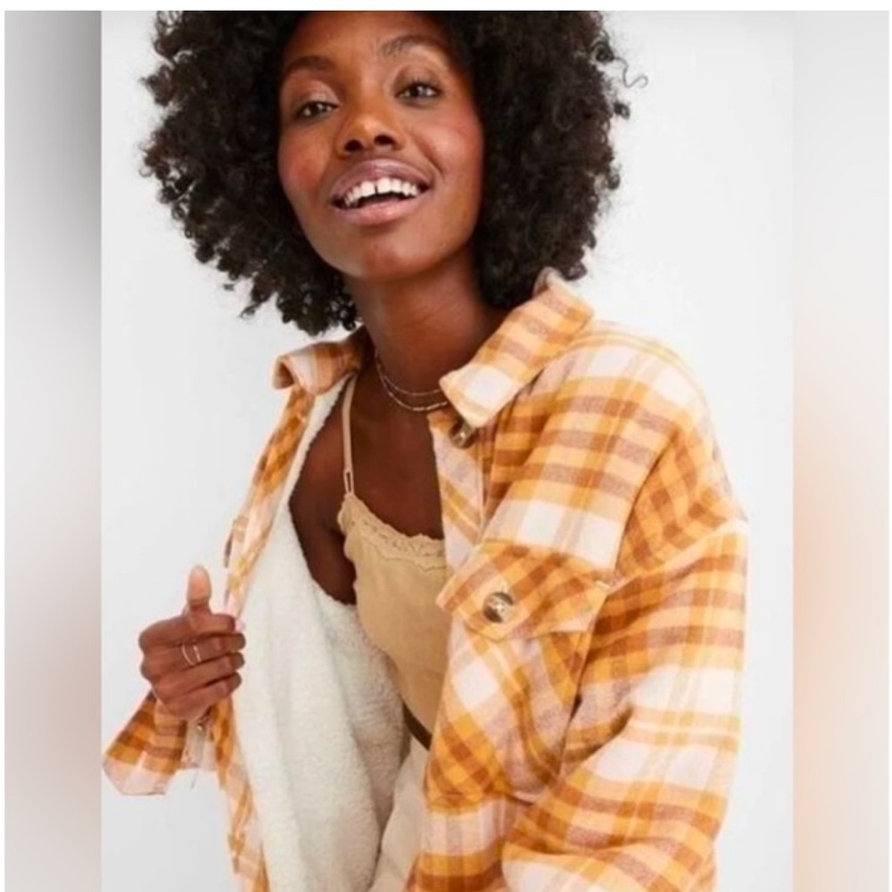 Aerie Plaid Sherpa Lined Flannel Shirt Jacket Oversized Women XL